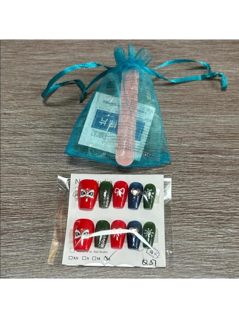 Festive Red and Green Handmade Nail Set with Accessories